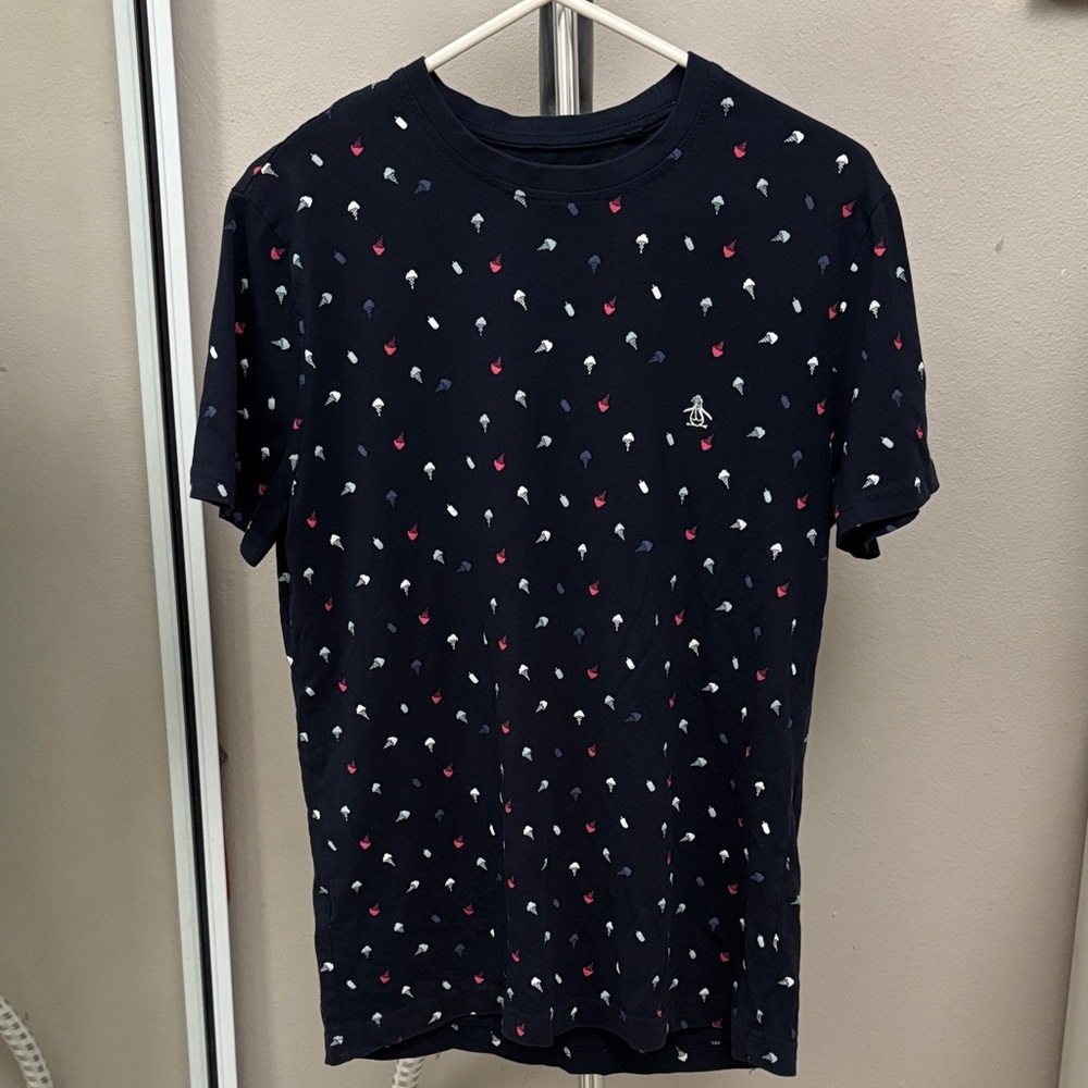 Original Penguin Men's Dark Blue Tee with Multicolor Ice Cream Cones Pattern